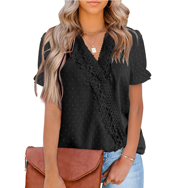 Chiffon Ball Lace V-Neck Short Sleeve Shirt