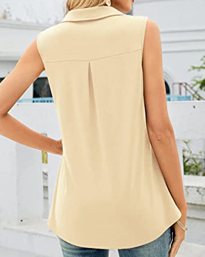 Solid Color Turn-down Collar Sleeveless Shirt