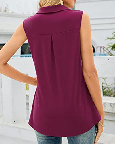 Solid Color Turn-down Collar Sleeveless Shirt