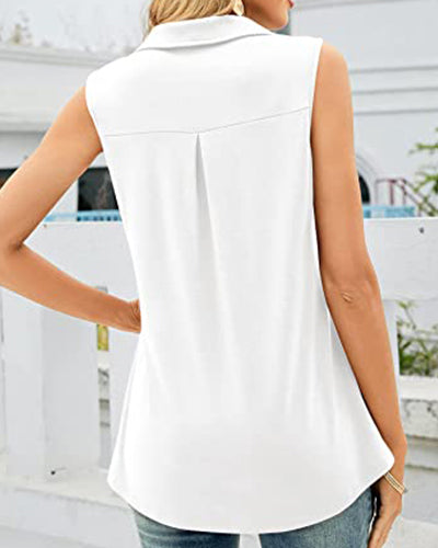 Solid Color Turn-down Collar Sleeveless Shirt