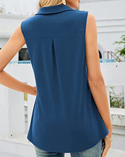 Solid Color Turn-down Collar Sleeveless Shirt