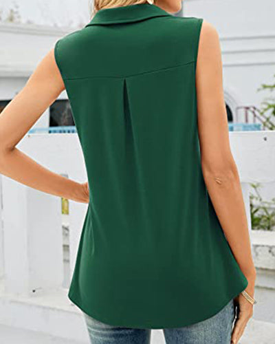 Solid Color Turn-down Collar Sleeveless Shirt