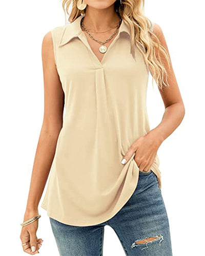 Solid Color Turn-down Collar Sleeveless Shirt