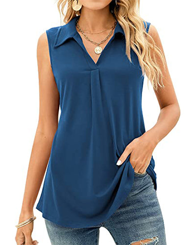 Solid Color Turn-down Collar Sleeveless Shirt