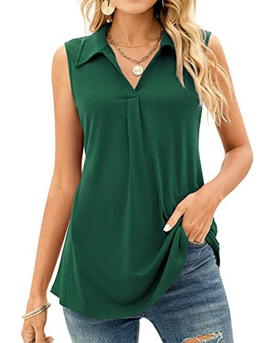 Solid Color Turn-down Collar Sleeveless Shirt