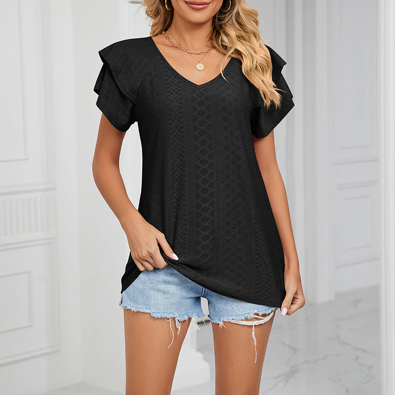 Solid Color Double-sleeved V-neck Loose T-shirt