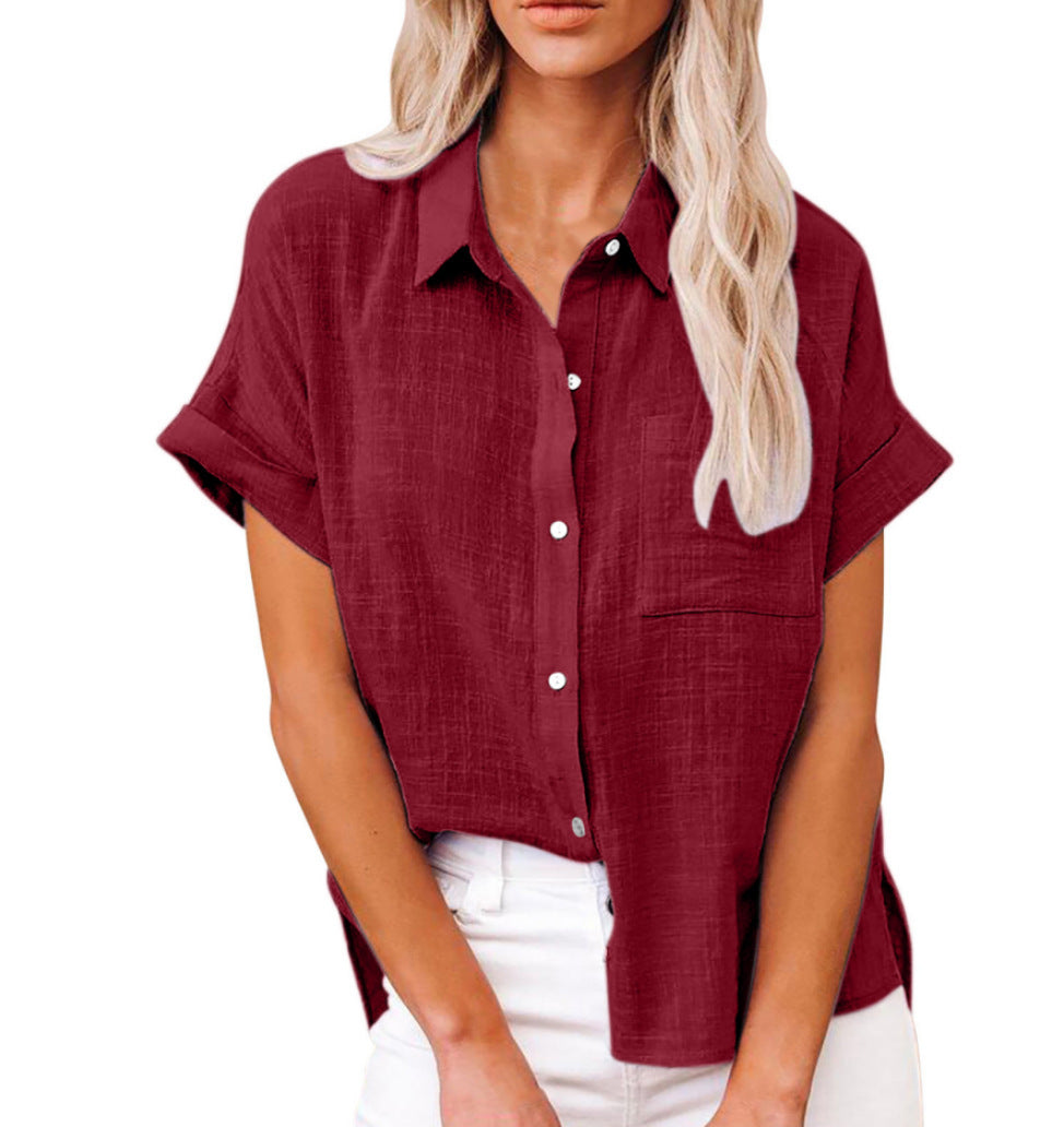 Women's Solid Color Pocket Short Sleeve Cotton Linen Shirt