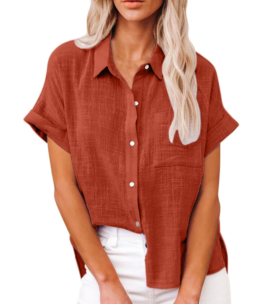 Women's Solid Color Pocket Short Sleeve Cotton Linen Shirt