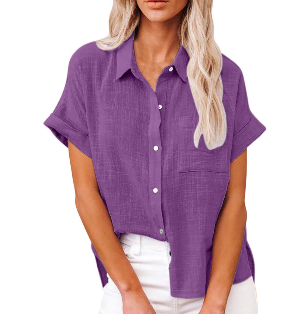 Women's Solid Color Pocket Short Sleeve Cotton Linen Shirt