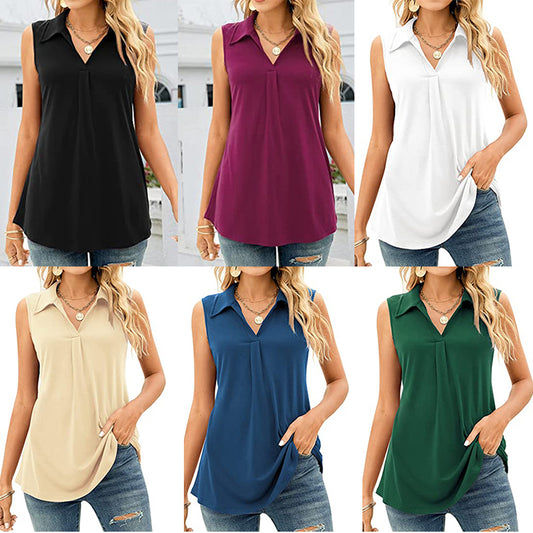 Solid Color Turn-down Collar Sleeveless Shirt