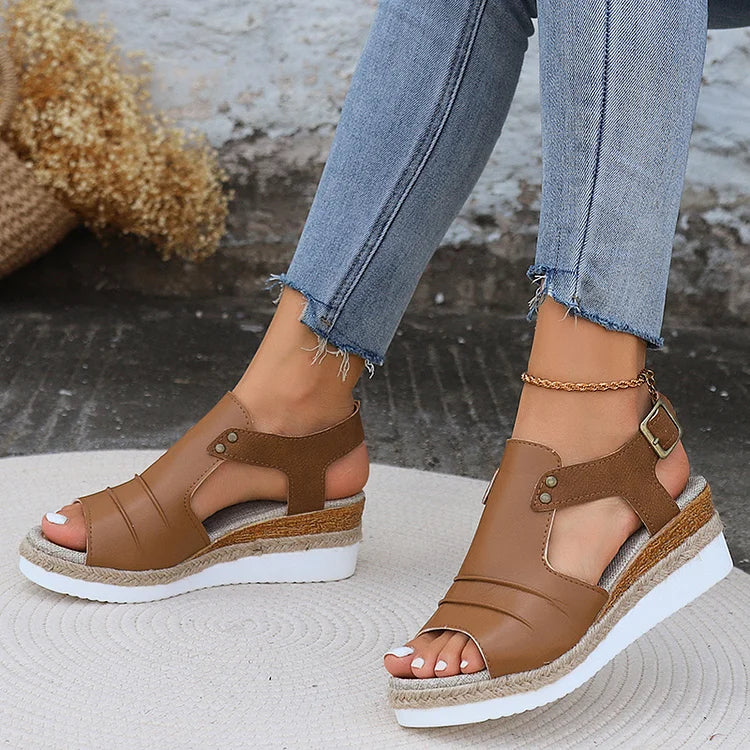 🔥Last Day 69% OFF - Women's Comfy Ankle Buckle Strap Platform Leather Orthopedic Sandals