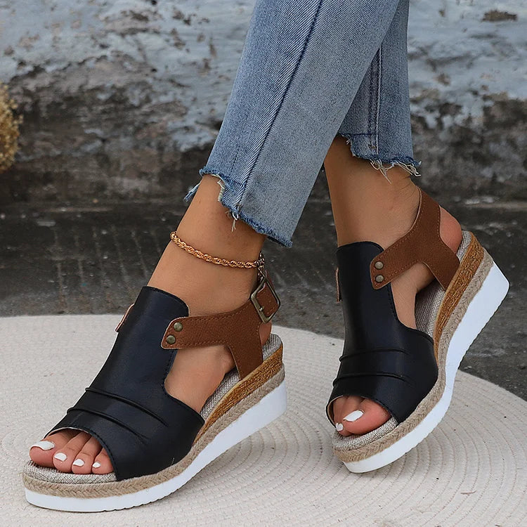 🔥Last Day 69% OFF - Women's Comfy Ankle Buckle Strap Platform Leather Orthopedic Sandals