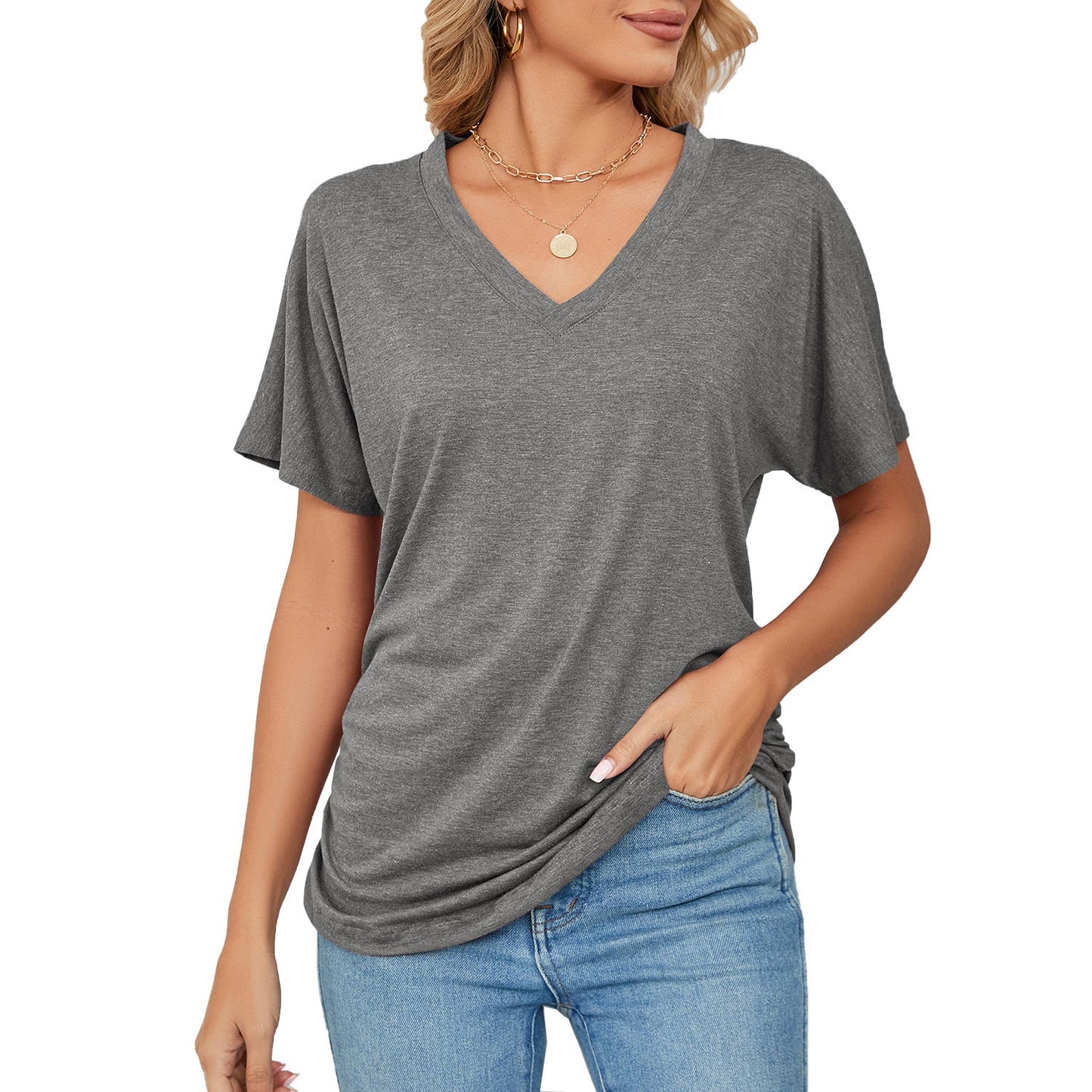 Jersey de ocio con cuello en V Camiseta holgada de color sólido Top de mujer