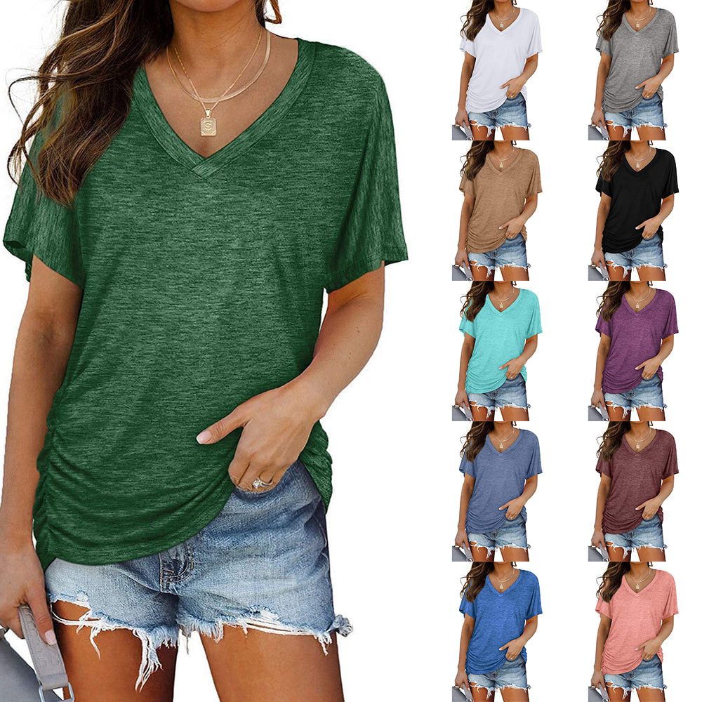 Women's Loose Fit Short Sleeve V Neck Shirts  with Side Shirring