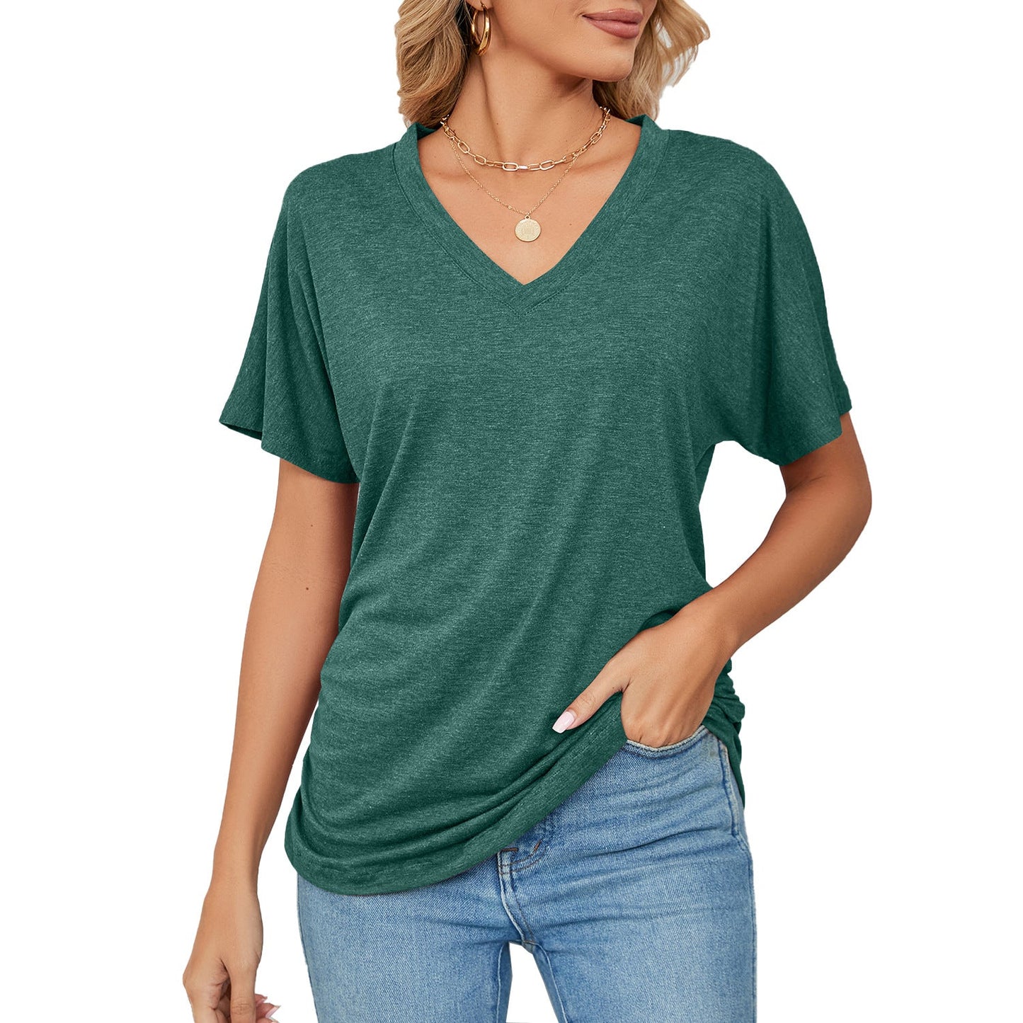 Jersey de ocio con cuello en V Camiseta holgada de color sólido Top de mujer