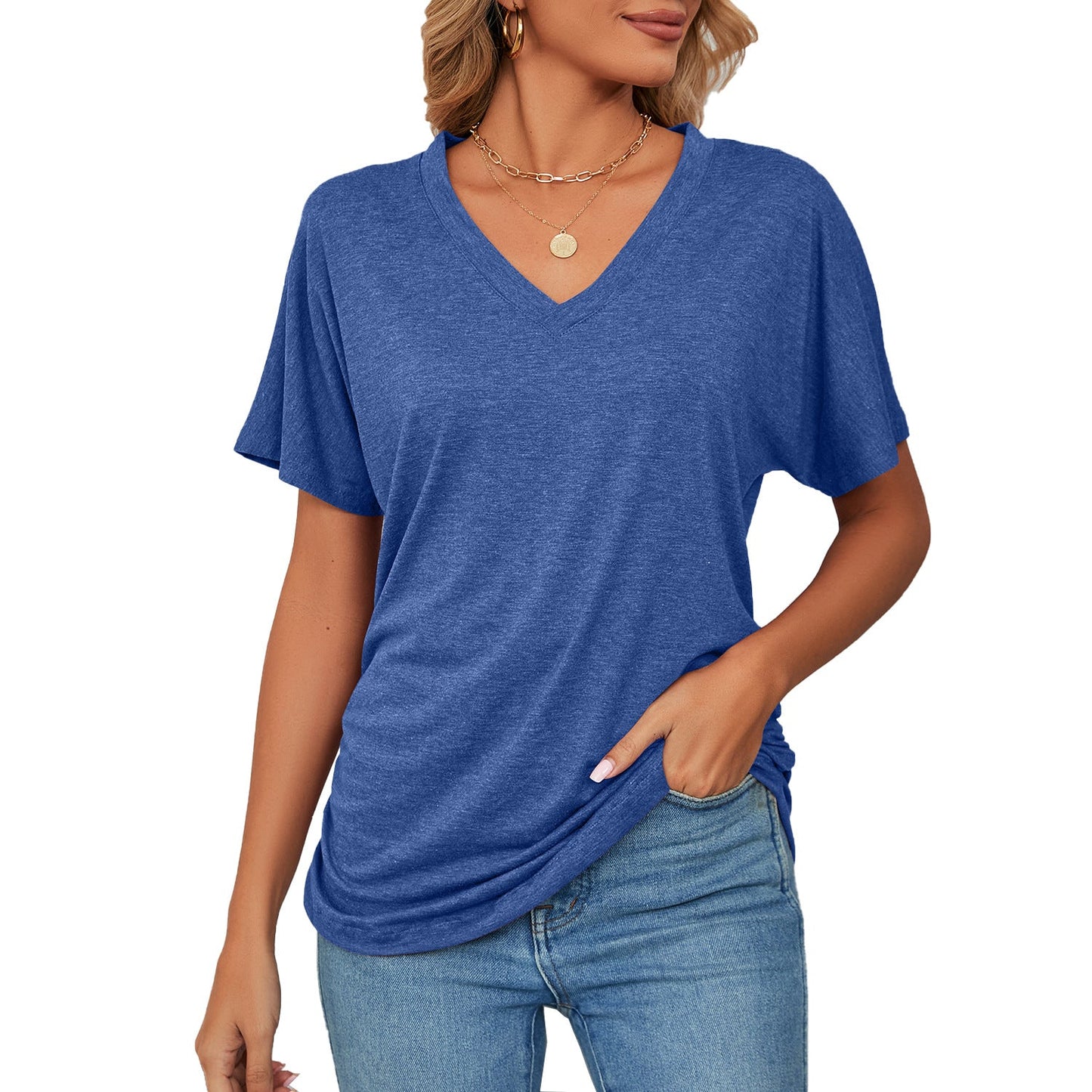 Leisure Pullover V-neck Solid Color Loose T-shirt Women's Top