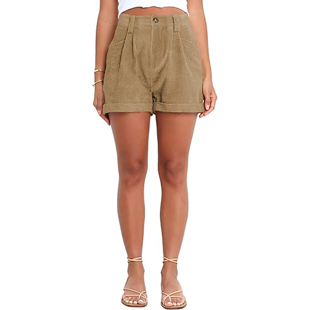 🔥Last Day Sale-Buy 2 Get 1 Free🔥Womens Summer Mid-Waist Cuffed Hem Corduroy Shorts with Pockets