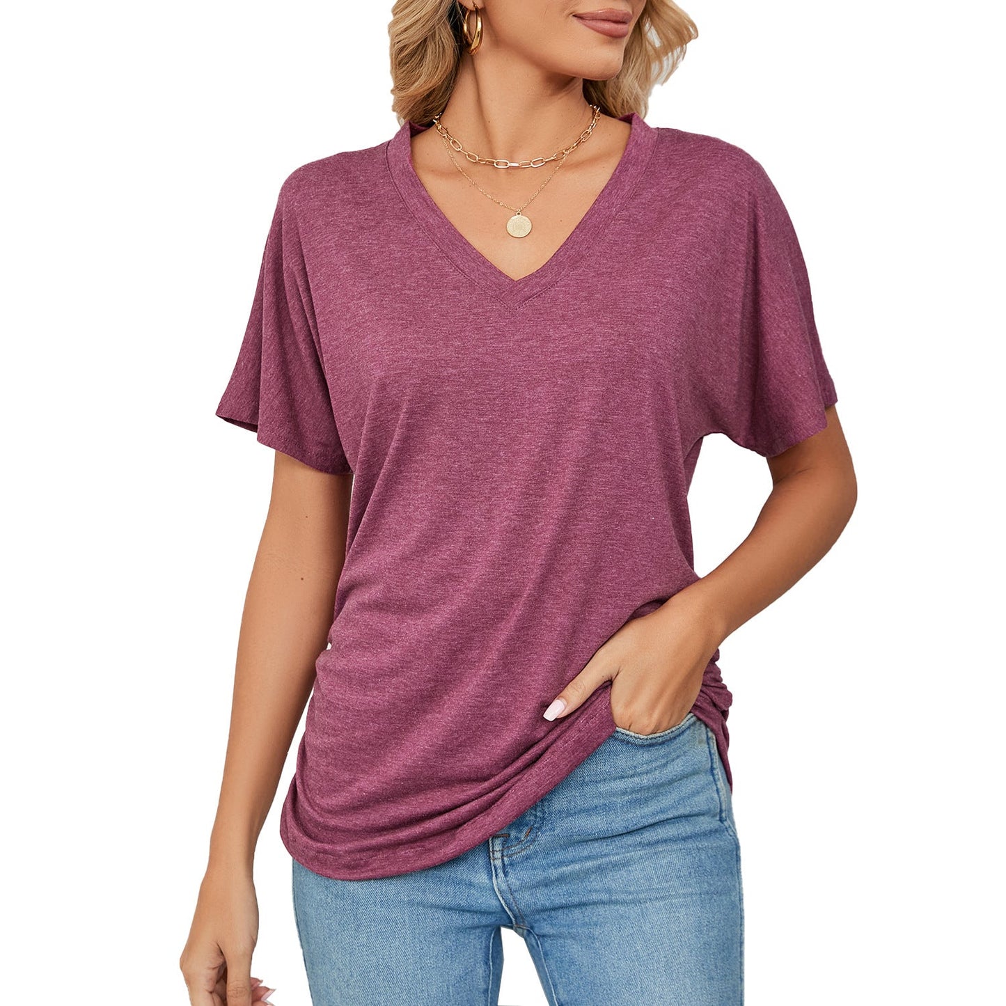 Jersey de ocio con cuello en V Camiseta holgada de color sólido Top de mujer