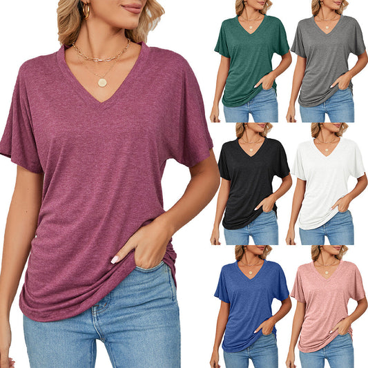 Jersey de ocio con cuello en V Camiseta holgada de color sólido Top de mujer