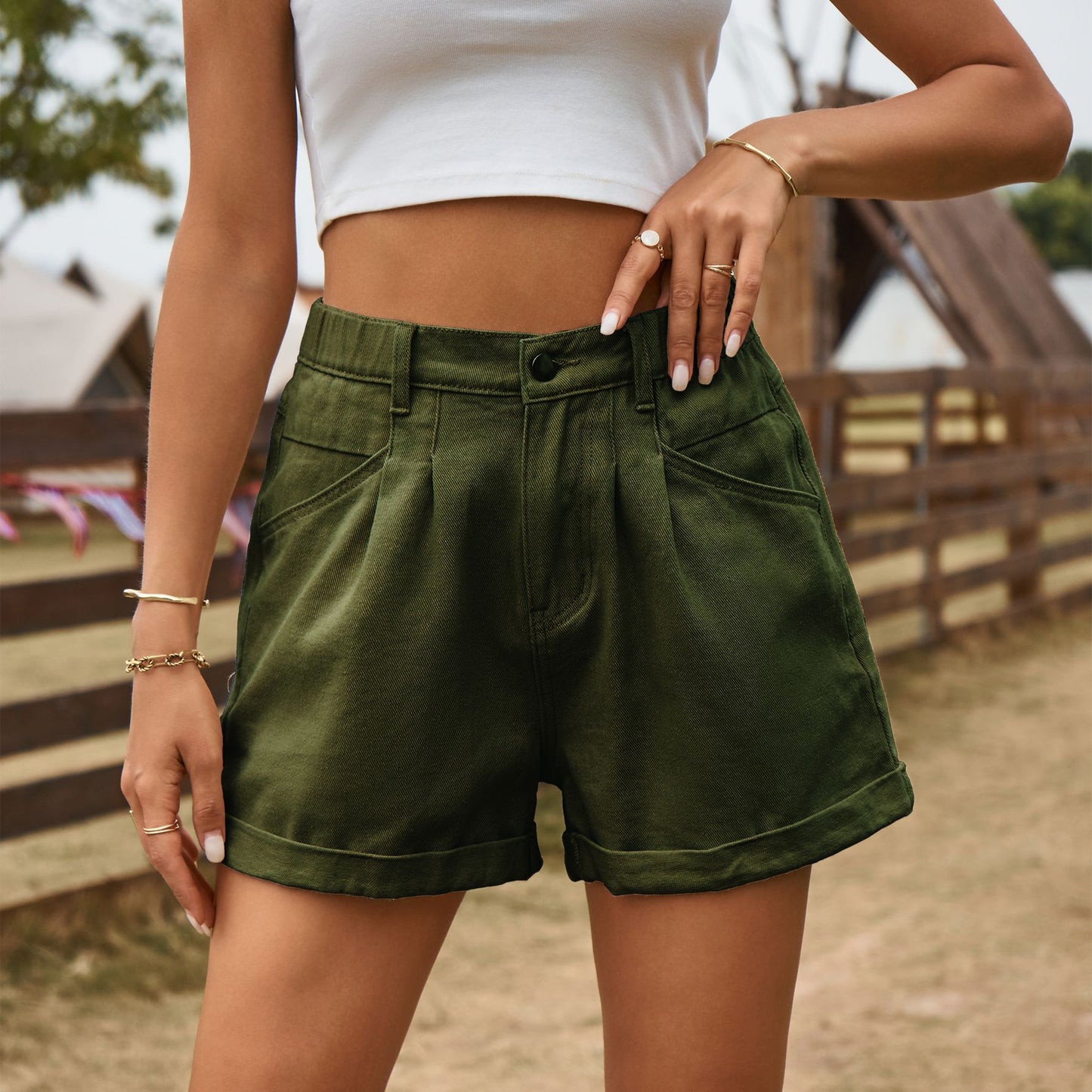 🔥Last Day Sale-Buy 2 Get 1 Free🔥Womens Summer Mid-Waist Cuffed Hem Corduroy Shorts with Pockets