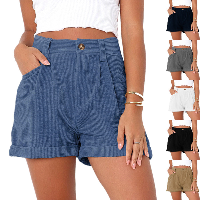 🔥Last Day Sale-Buy 2 Get 1 Free🔥Womens Summer Mid-Waist Cuffed Hem Corduroy Shorts with Pockets