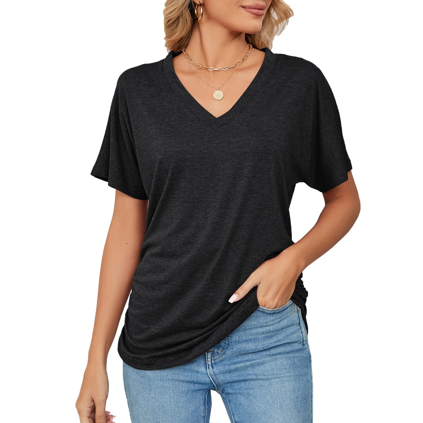 Jersey de ocio con cuello en V Camiseta holgada de color sólido Top de mujer