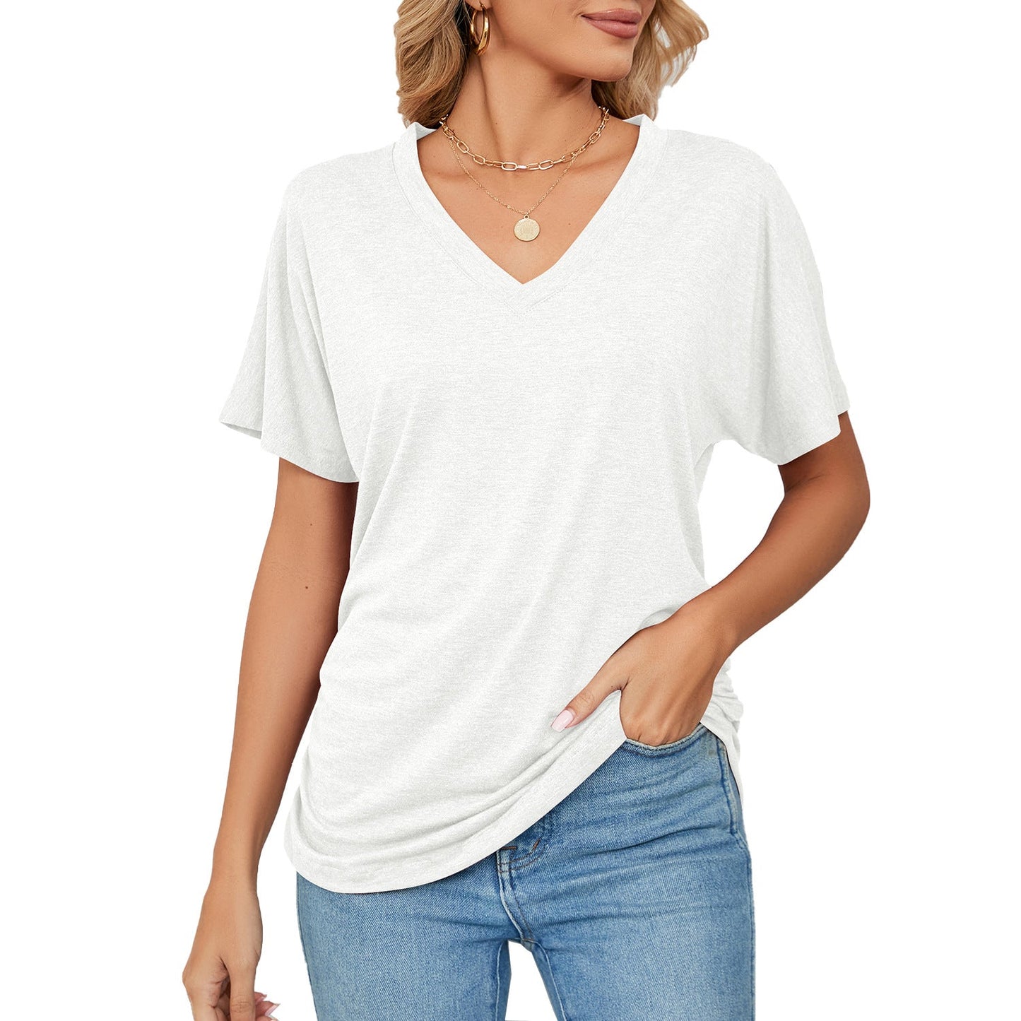 Leisure Pullover V-neck Solid Color Loose T-shirt Women's Top