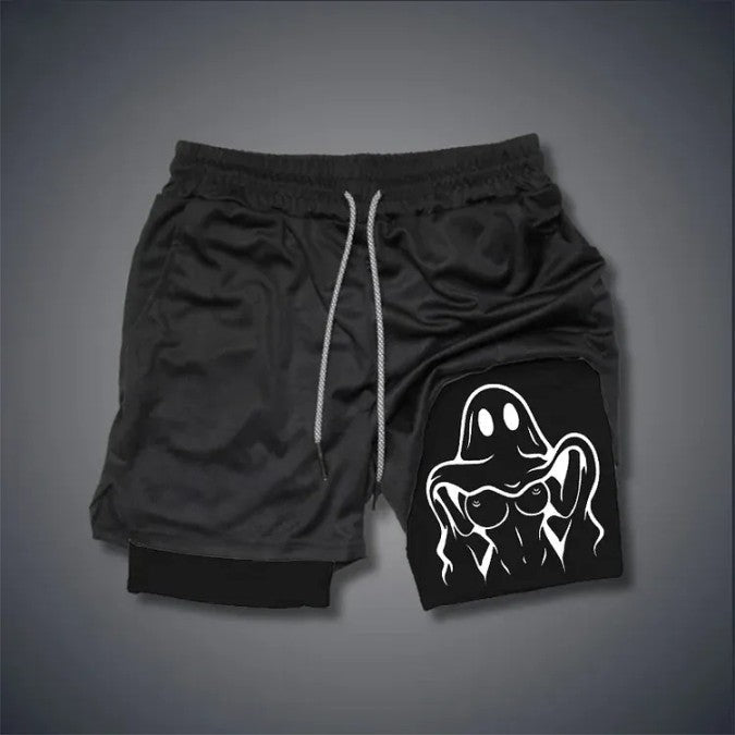 VL™ NAUGHTY GHOST SEXY BOOBS GRAPHIC PRINT GYM PERFORMANCE SHORTS