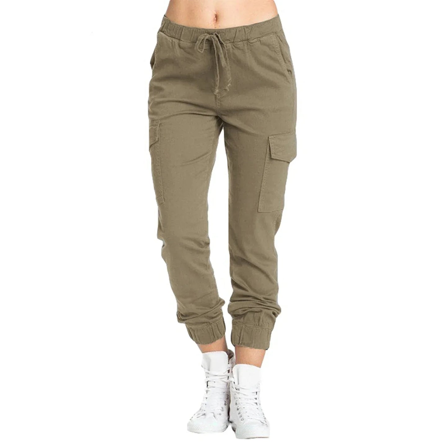 Pantalones cargo lisos para mujer, cordón informal elástico multicolor