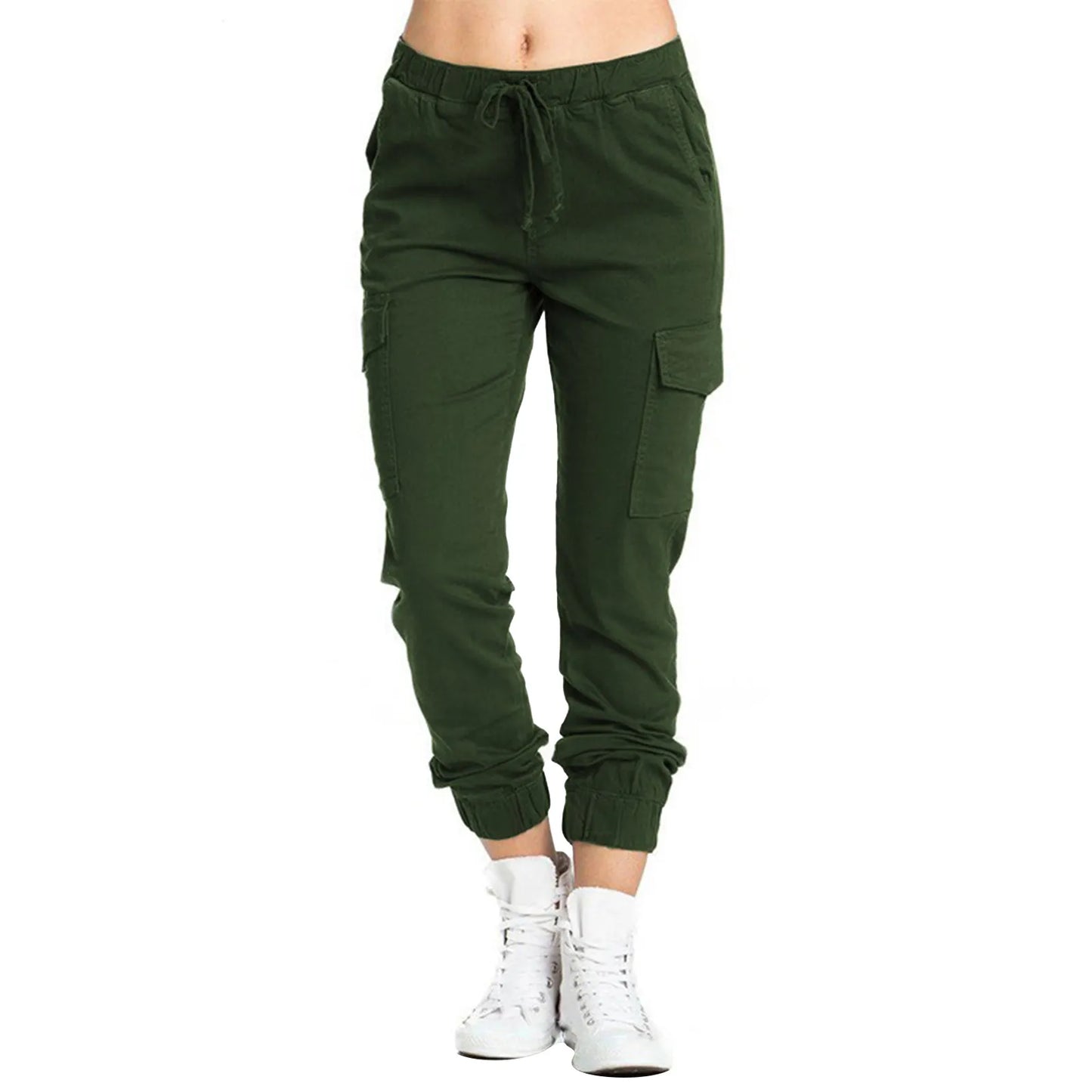 Pantalones cargo lisos para mujer, cordón informal elástico multicolor