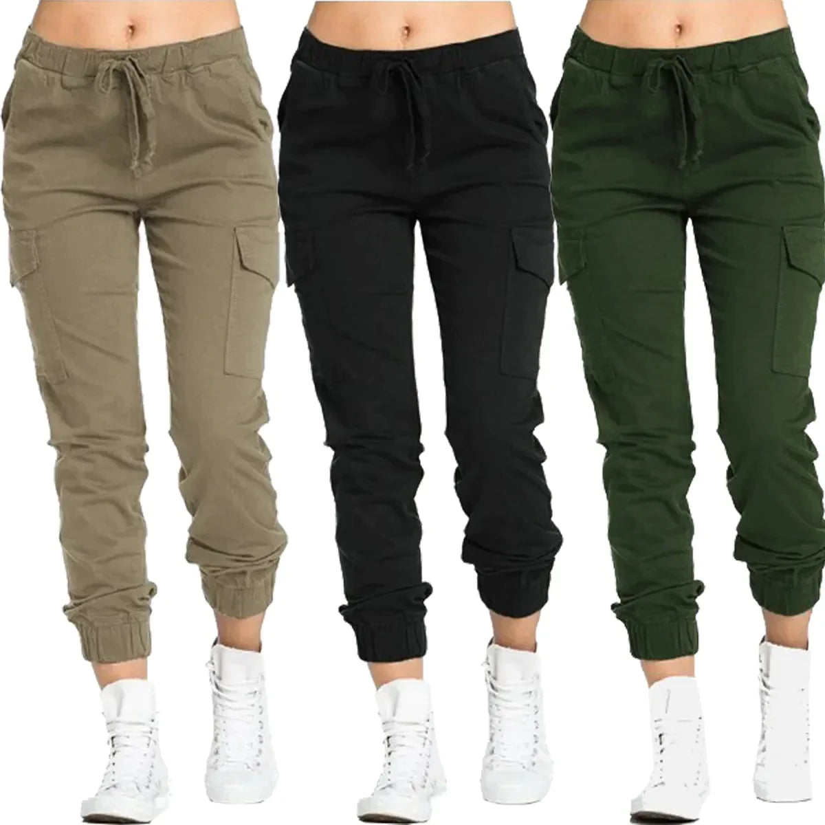 Pantalones cargo lisos para mujer, cordón informal elástico multicolor